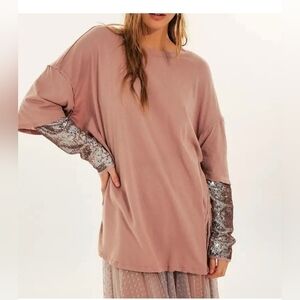 Free People Nellie Twofer Mauve Oversized Sequin Sleeve Shirt Tunic Slouchy Sz M